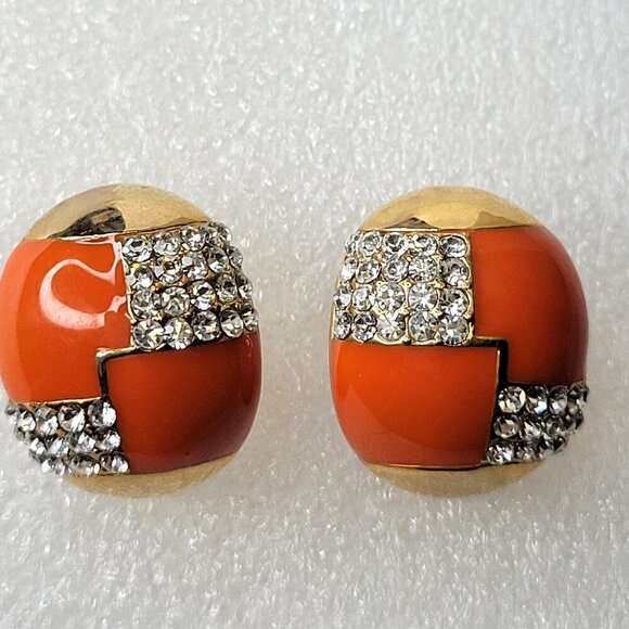 Orange And Gold Oval Earrings with Clear Crystals Small Orange Earrings - Picture 2 of 7